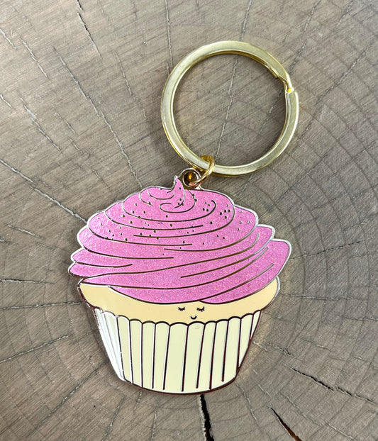 Glitter Princess Pink Vanilla Cupcake Enamel Keychain