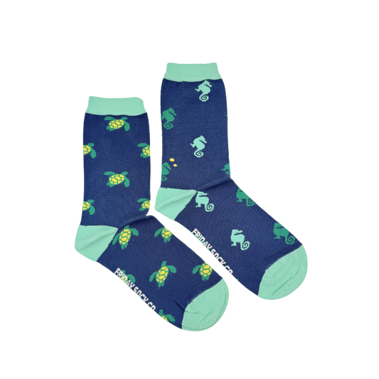 Women's Teal Seahorse & Turtle Sock