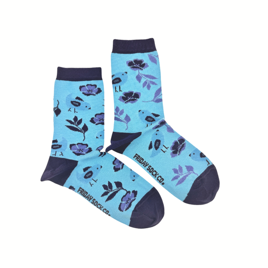Women's Bluebird Flower Mismatched Crew Socks